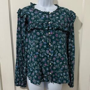 GAP Dark Green Floral Blouse with Ruffles